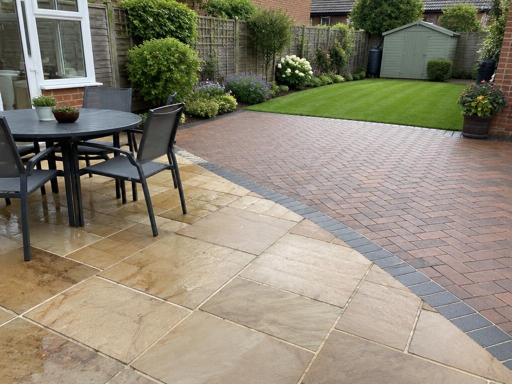 Sandstone patio beside herringbone block paving in a garden